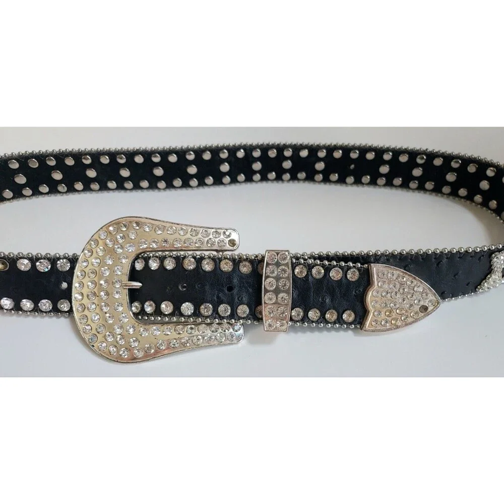 Ladies West Star Black Leather Western Rodeo Fancy Belt W/Rhinestones Size Lg